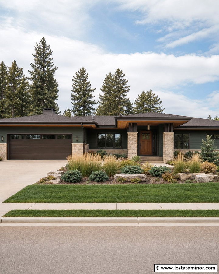 Forest Green House With Bronze Garage Door - 30 Forest Green House Design With Garage Door Ideas