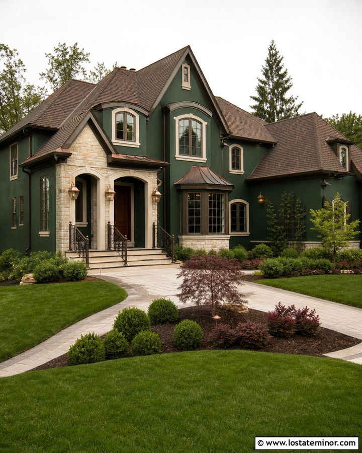 Forest Green House With Bronze Iron Railings - 30 Forest Green House Design With Railings Ideas