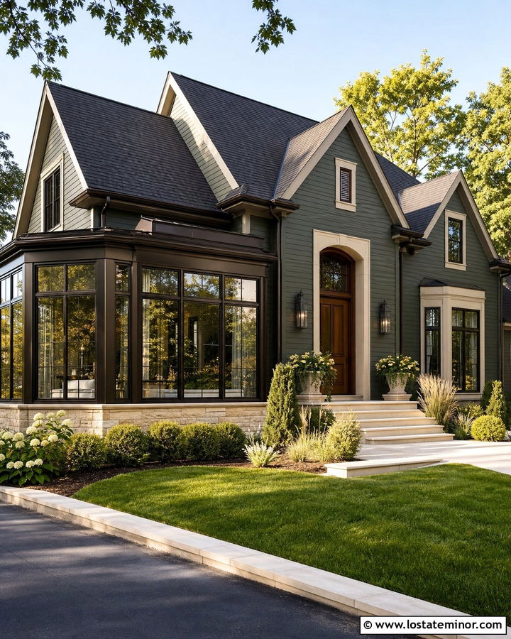 Forest Green House With Bronze Sunroom Frames - 30 Forest Green House Design With Sunroom Ideas