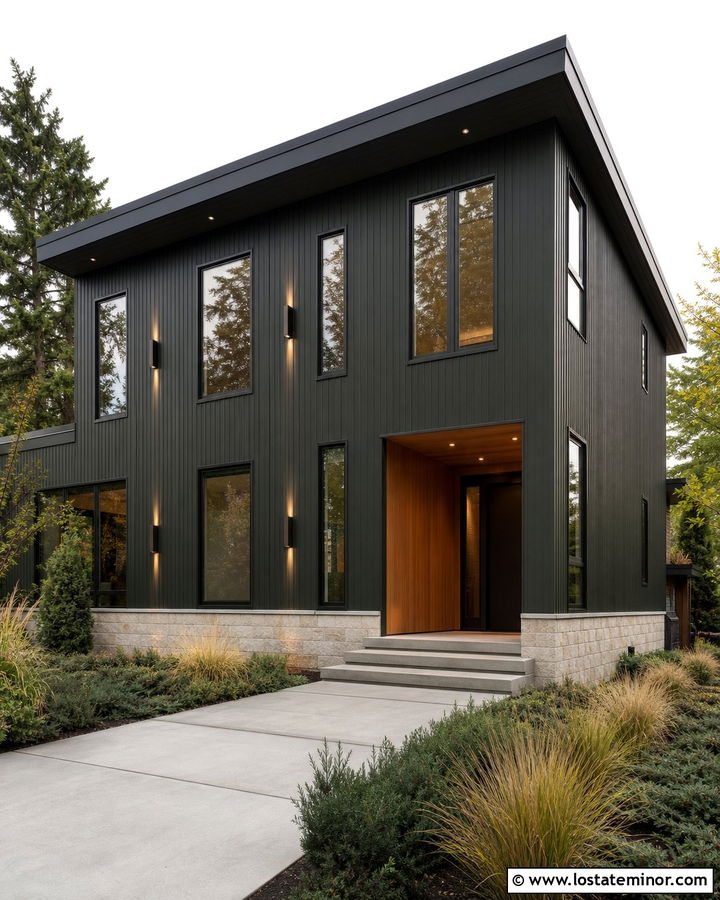 Forest Green House With Bronze Up And Down Lights - 30 Forest Green House Design With Light Fixtures Ideas