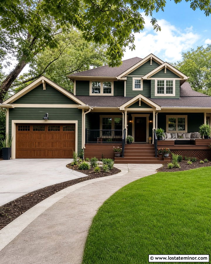 Forest Green House With Brown Composite Deck - 30 Forest Green House Design With Deck Ideas