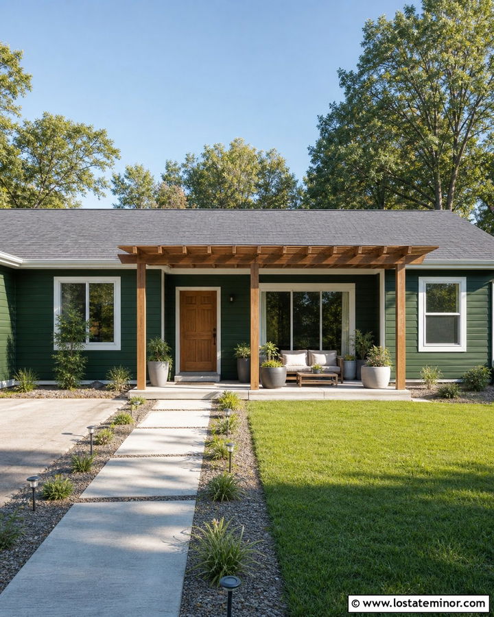 Forest Green House With Budget Wood Pergola - 30 Forest Green House Design With Pergola Ideas