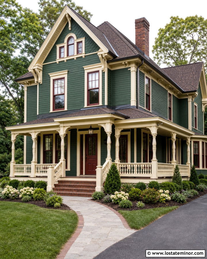 Forest Green House With Burgundy Trim - 30 Forest Green House Design With Trim Ideas