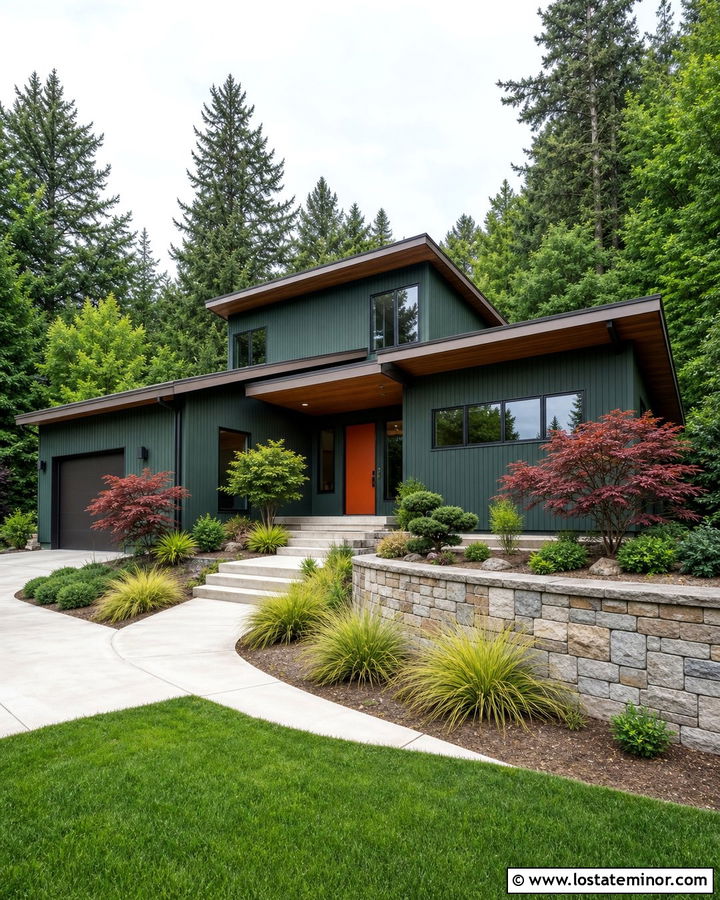 Forest Green House With Burnt Orange Front Door - 30 Forest Green House Design With Front Door Ideas