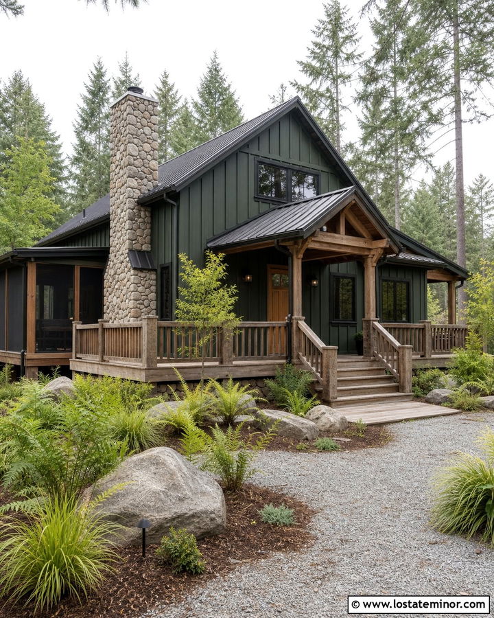 Forest Green House With Cabin Deck - 30 Forest Green House Design With Deck Ideas