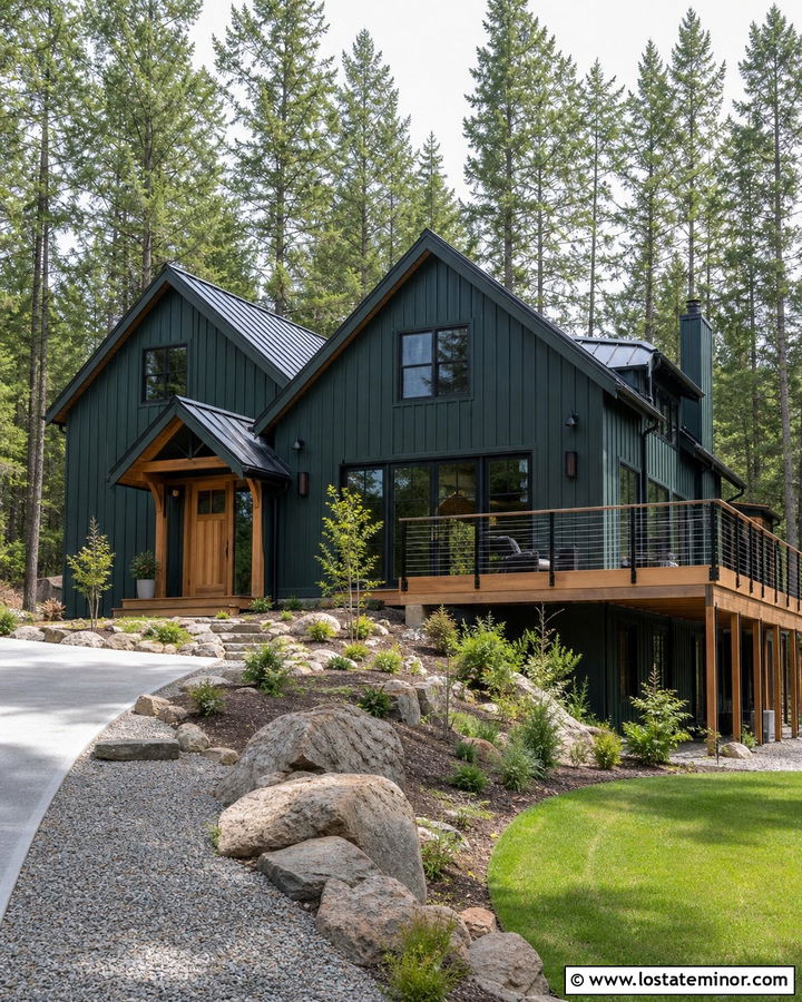 Forest Green House With Cable Railing Deck - 30 Forest Green House Design With Deck Ideas