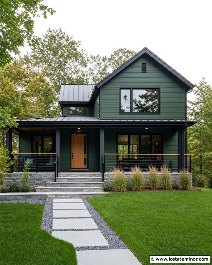 Forest Green House With Cable Railings - 30 Forest Green House Design With Railings Ideas