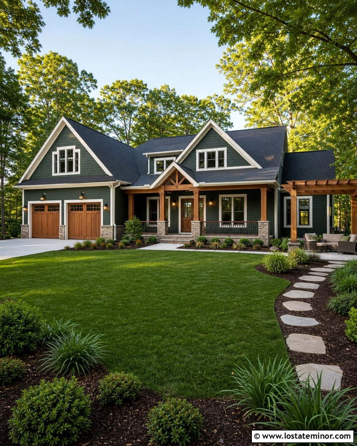 Forest Green House With Cedar Accents And Play Lawn - 30 Forest Green House Design With Backyard Ideas