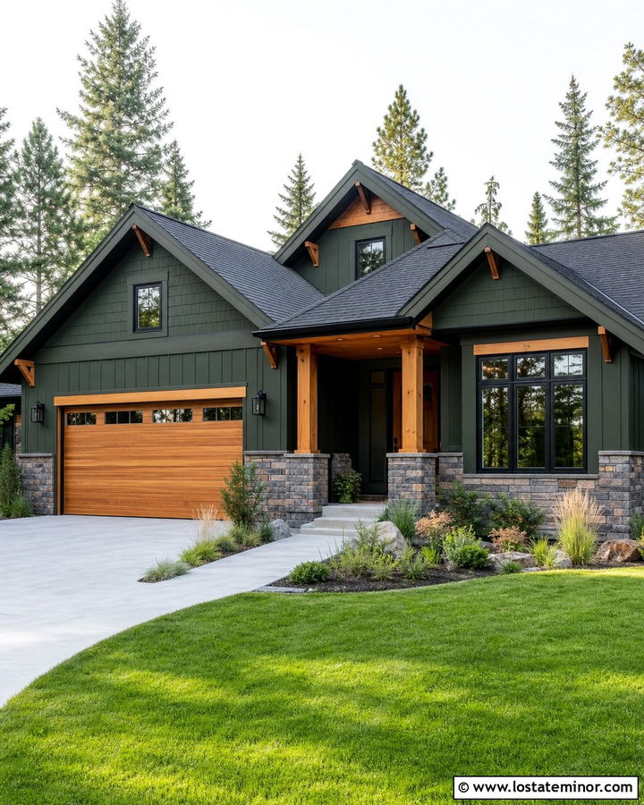 Forest Green House With Cedar Garage Door - 30 Forest Green House Design With Garage Door Ideas
