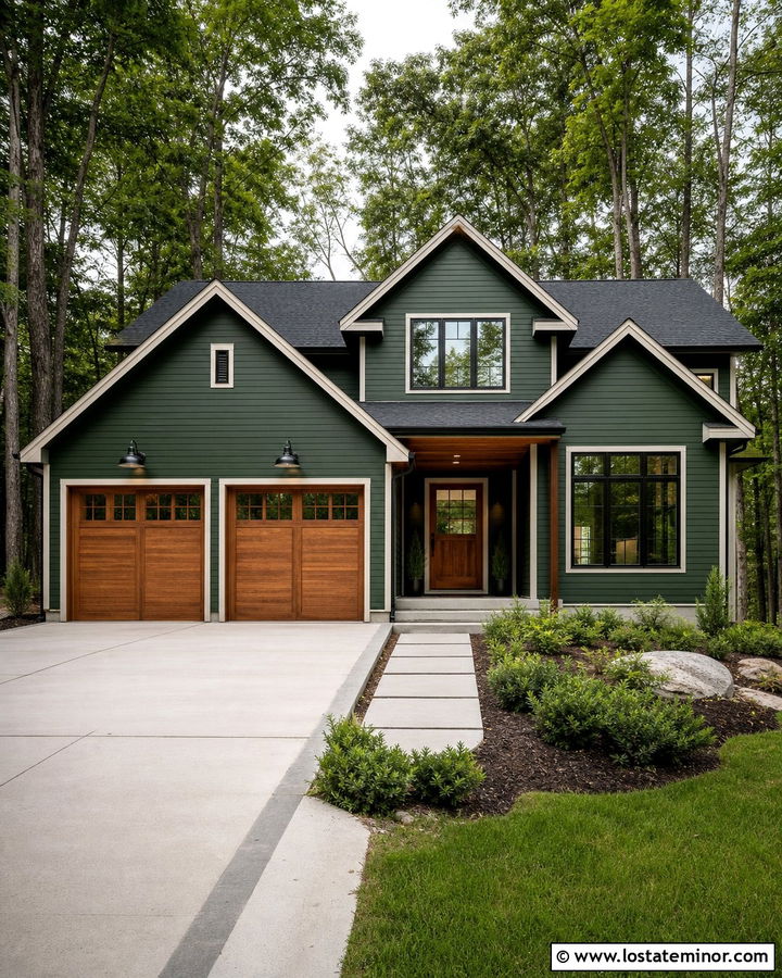 Forest Green House With Cedar Garage Doors - 30 Forest Green House Design With Lighting Ideas