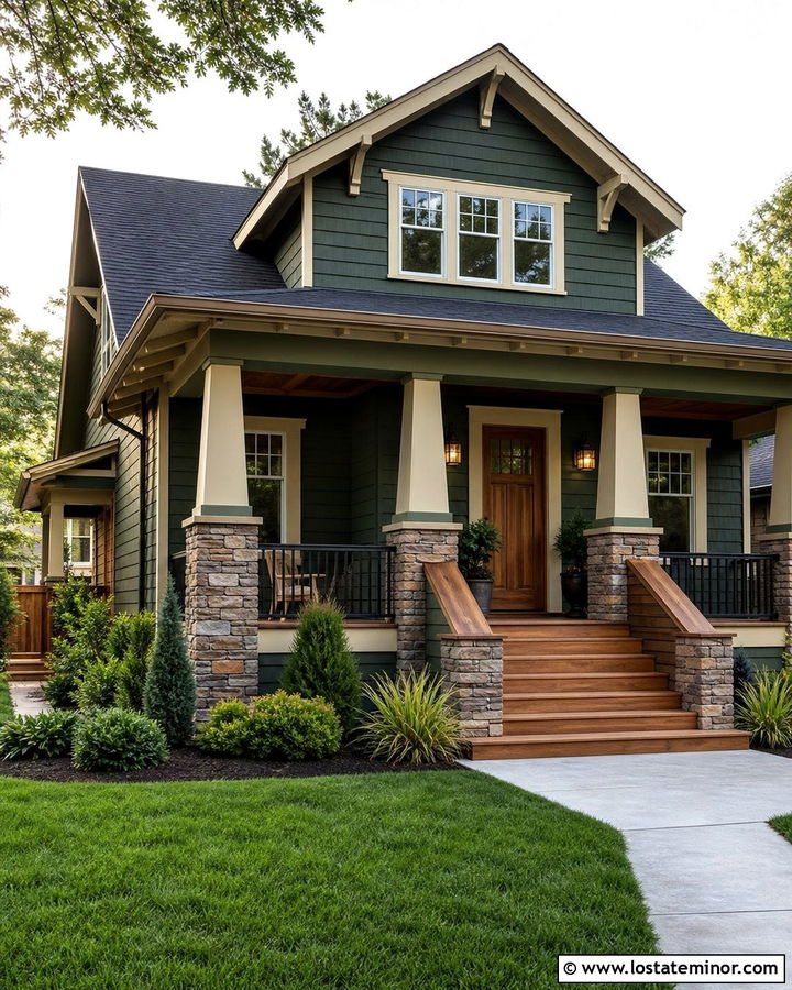 Forest Green House With Cedar Porch Steps - 30 Forest Green House Design With Steps Ideas