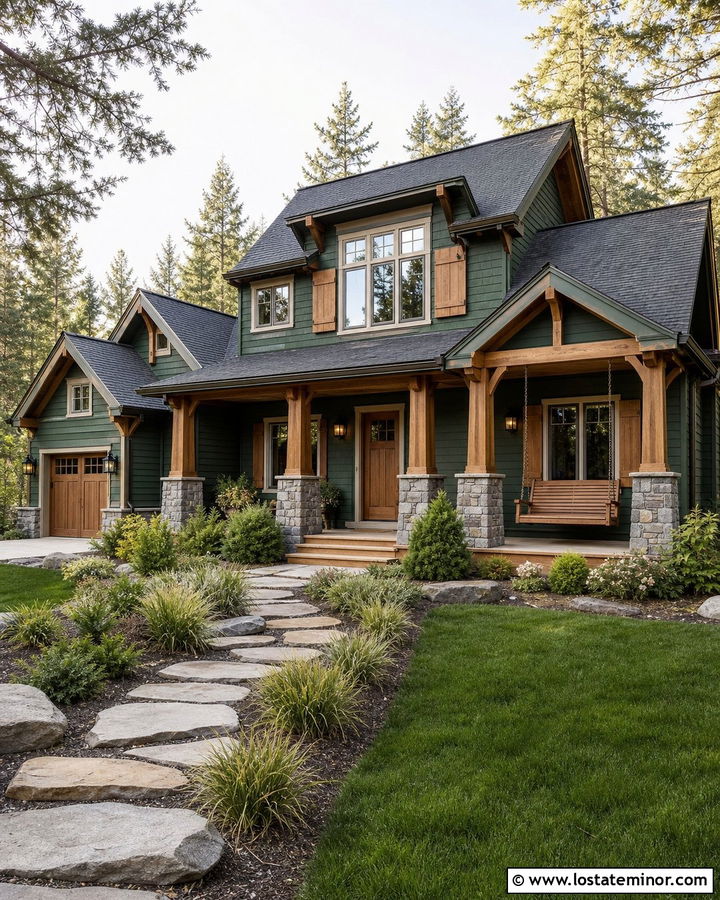 Forest Green House With Cedar Shutters And Swing - 30 Forest Green House Design With Swing Ideas