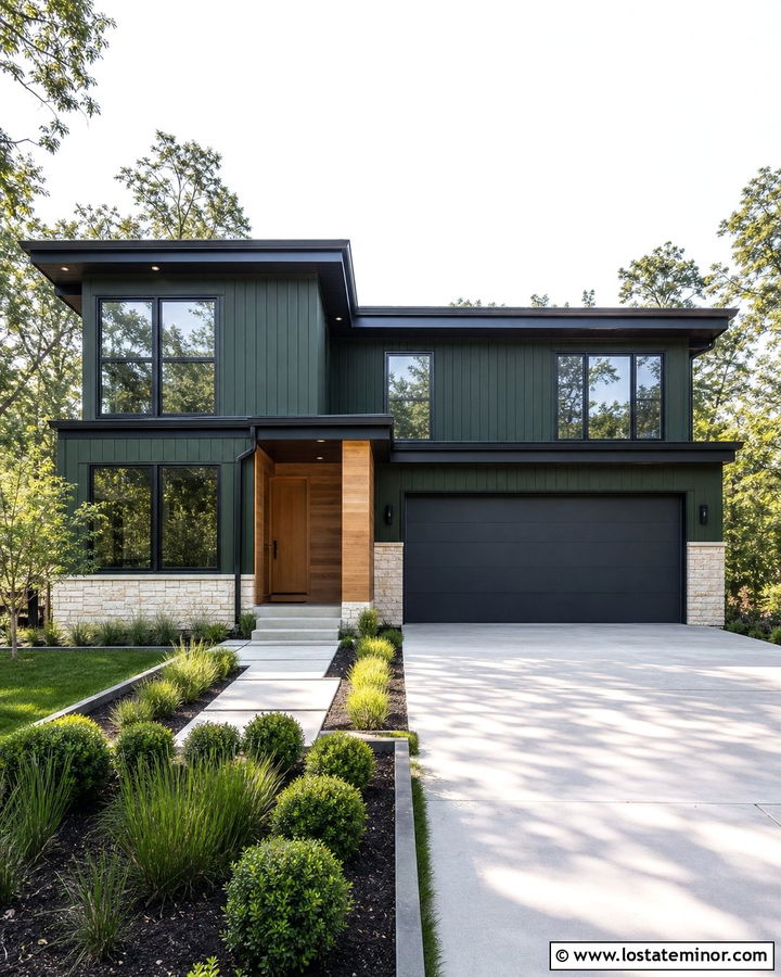 Forest Green House With Charcoal Garage Door - 30 Forest Green House Design With Garage Door Ideas