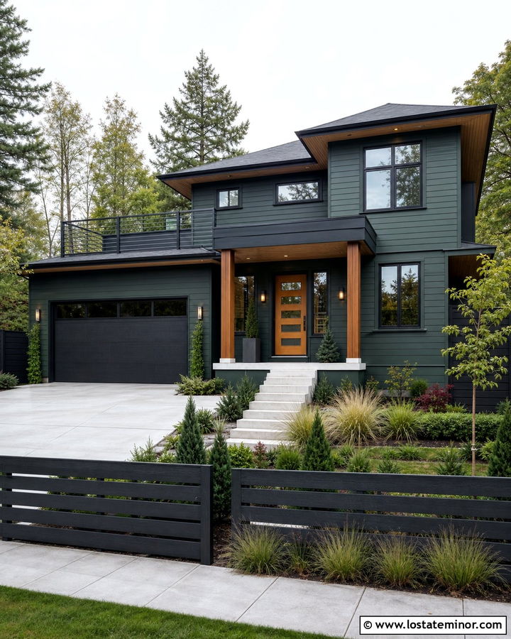 Forest Green House With Charcoal Horizontal Fence - 30 Forest Green House Design With Fence Ideas