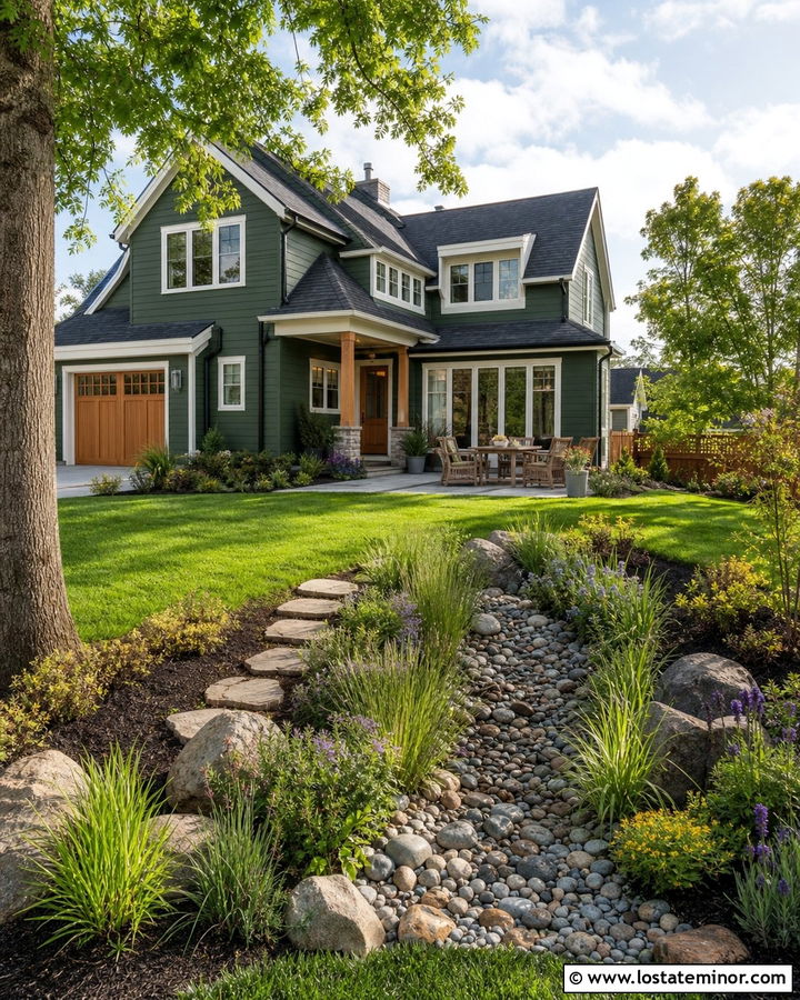 Forest Green House With Charcoal Roof And Rain Garden - 30 Forest Green House Design With Backyard Ideas