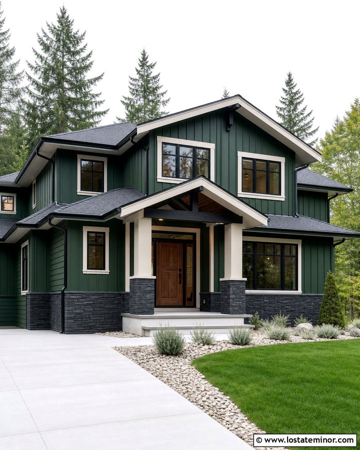 Forest Green House With Charcoal Stone Wainscoting - 30 Forest Green House Design With Wainscoting Ideas