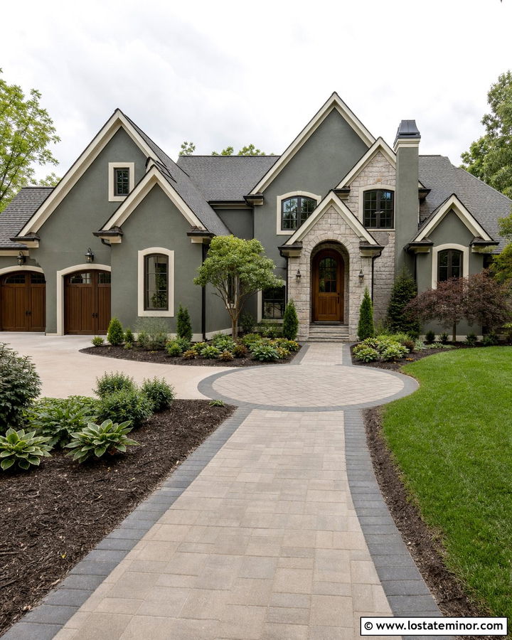 Forest Green House With Circular Paver Walkway - 30 Forest Green House Design With Walkway Ideas