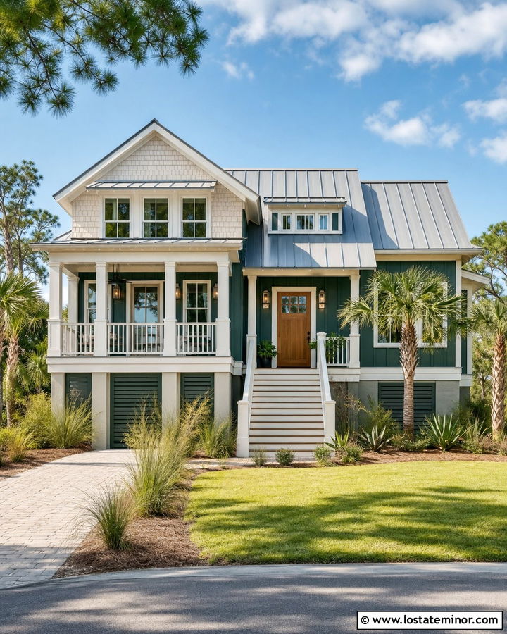 Forest Green House With Coastal Brass Lighting - 30 Forest Green House Design With Lighting Ideas