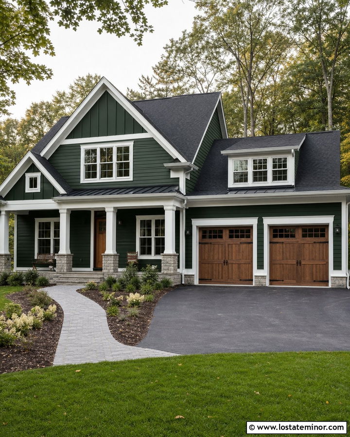 Forest Green House With Columns And Matching Garage - 30 Forest Green House Design With Porch Columns Ideas