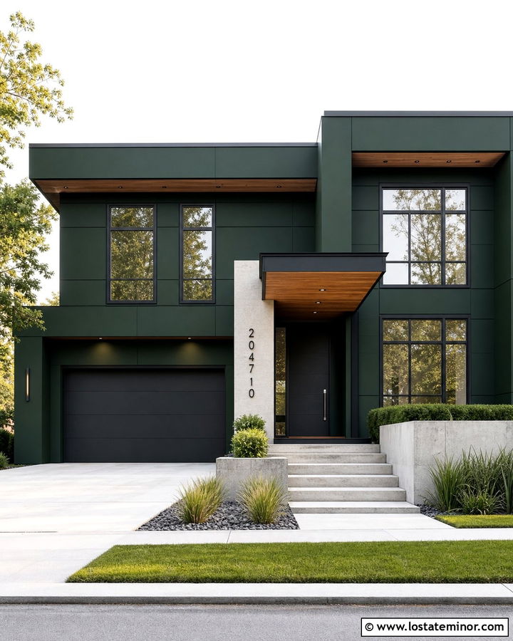 Forest Green House With Concrete Number Panel - 30 Forest Green House Design With House Numbers Ideas
