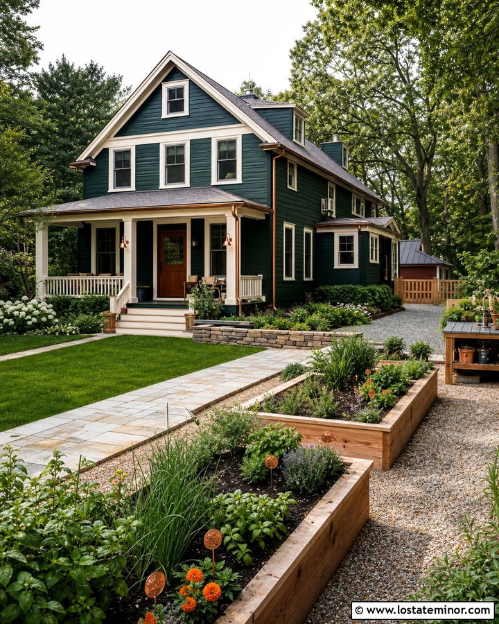 Forest Green House With Copper Accents And Kitchen Garden - 30 Forest Green House Design With Backyard Ideas