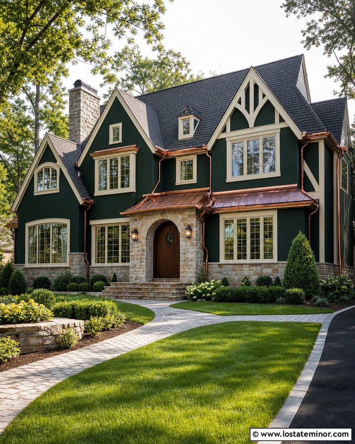 Forest Green House With Copper Accents - 30 Forest Green House Design With Accents Ideas