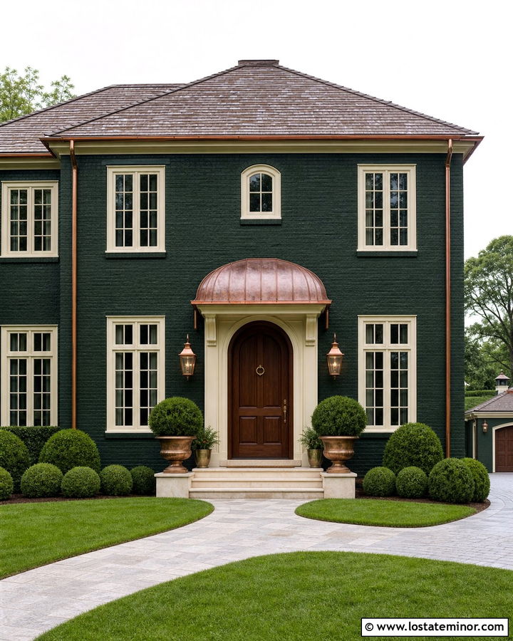 Forest Green House With Copper Barrel Awning - 30 Forest Green House Design With Awning Ideas