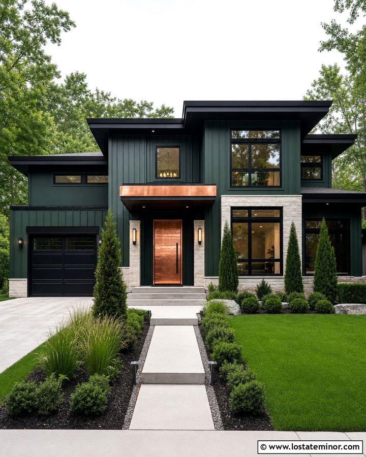 Forest Green House With Copper Front Door - 30 Forest Green House Design With Front Door Ideas