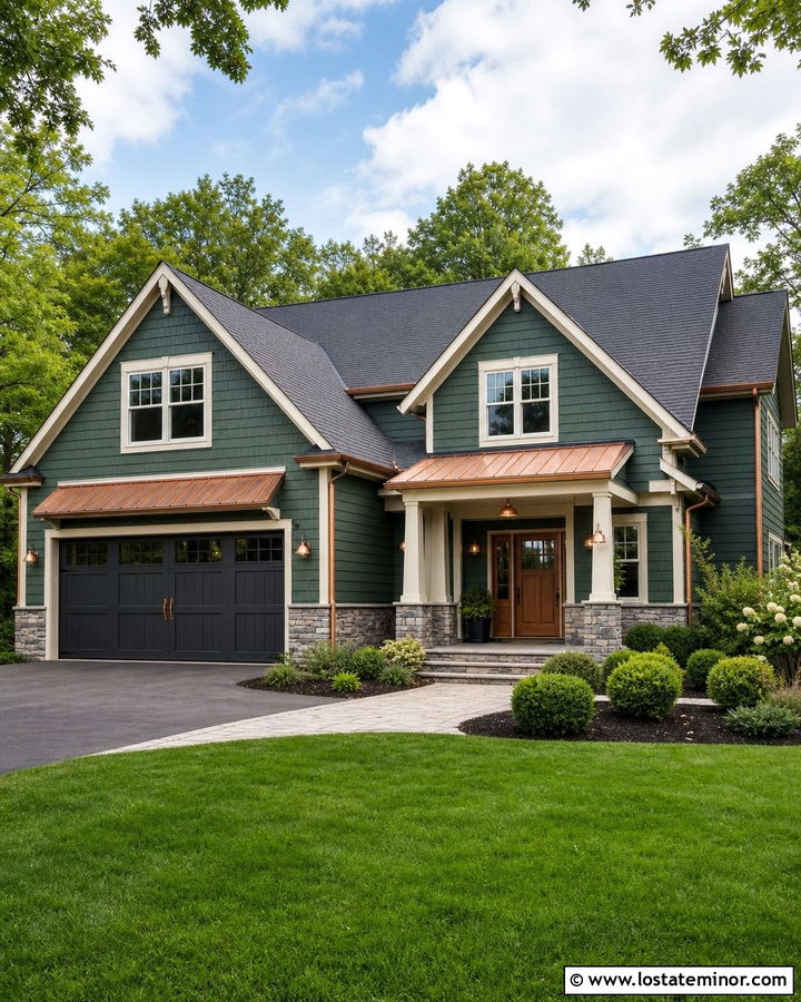 Forest Green House With Copper Garage Door Accents - 30 Forest Green House Design With Garage Door Ideas