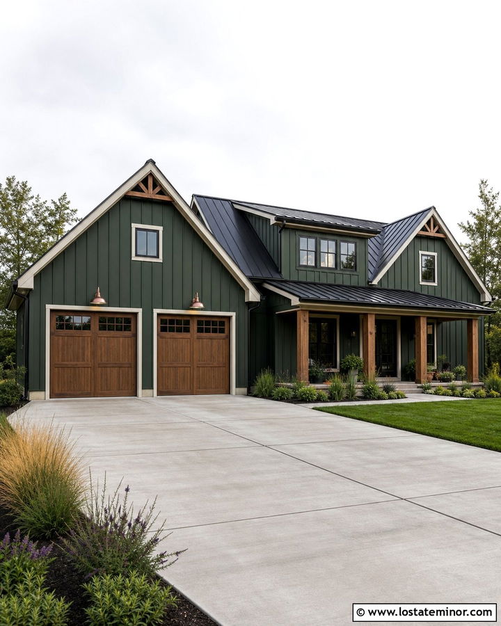 Forest Green House With Copper Gooseneck Lights - 30 Forest Green House Design With Light Fixtures Ideas