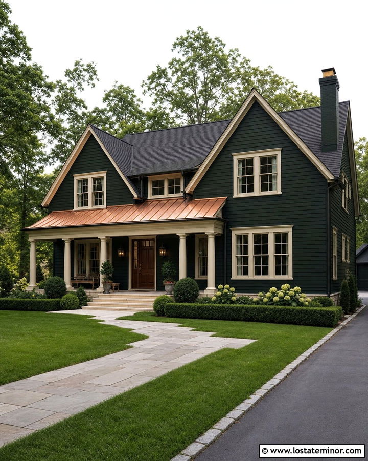 Forest Green House With Copper Porch Roof - 30 Forest Green House Design With Front Porch Ideas