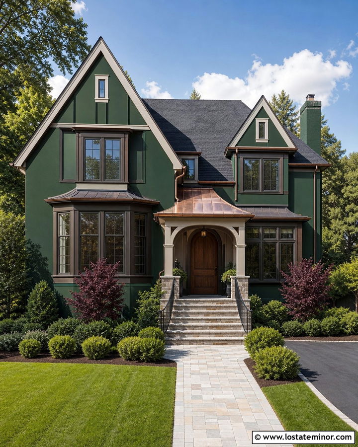 Forest Green House With Copper Roof And Bronze Railings - 30 Forest Green House Design With Railings Ideas