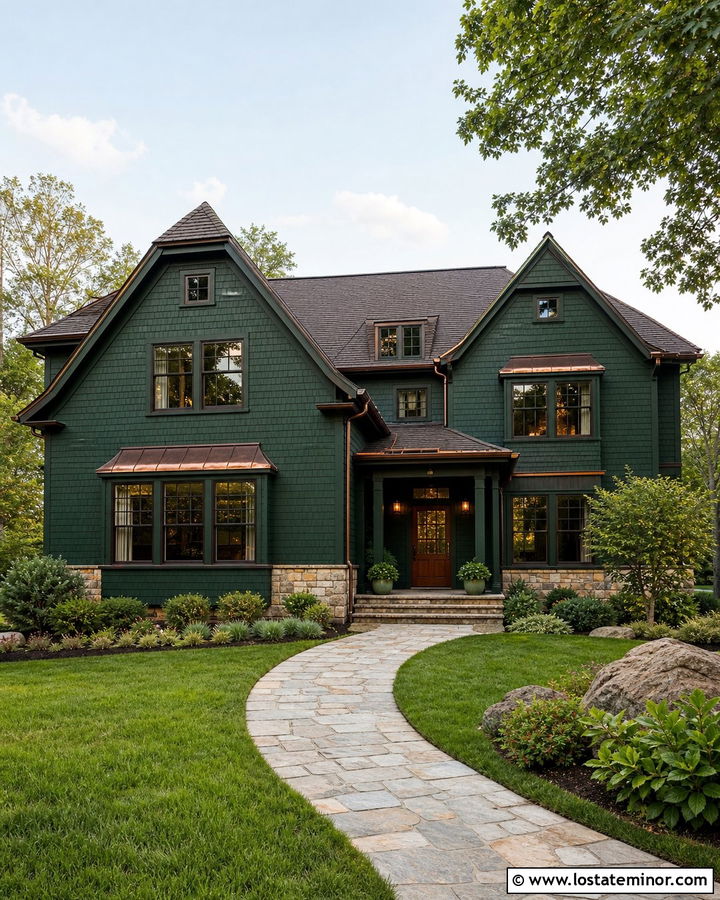 Forest Green House With Copper Window Accents - 30 Forest Green House Design With Window Frames Ideas