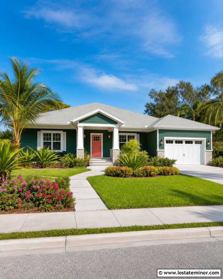 Forest Green House With Coral Front Door - 30 Forest Green House Design With Entry Door Ideas