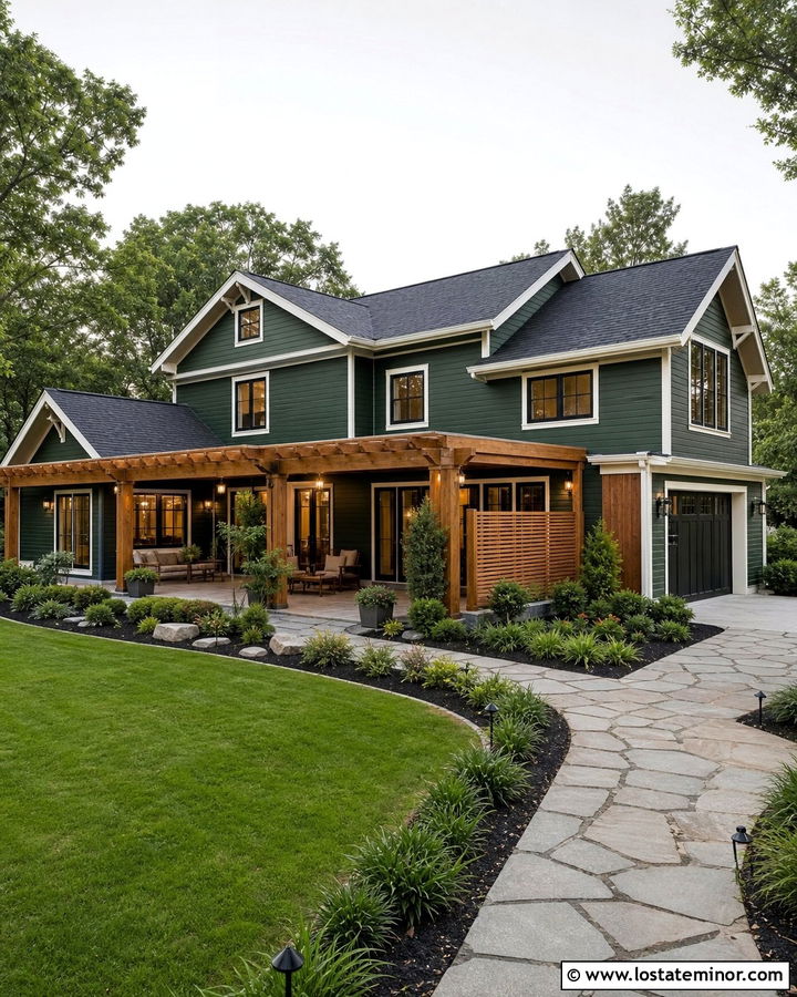 Forest Green House With Corner Pergola - 30 Forest Green House Design With Pergola Ideas