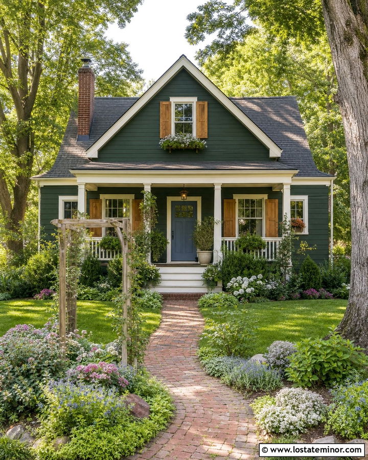 Forest Green House With Cottage Garden Walkway - 30 Forest Green House Design With Walkway Ideas