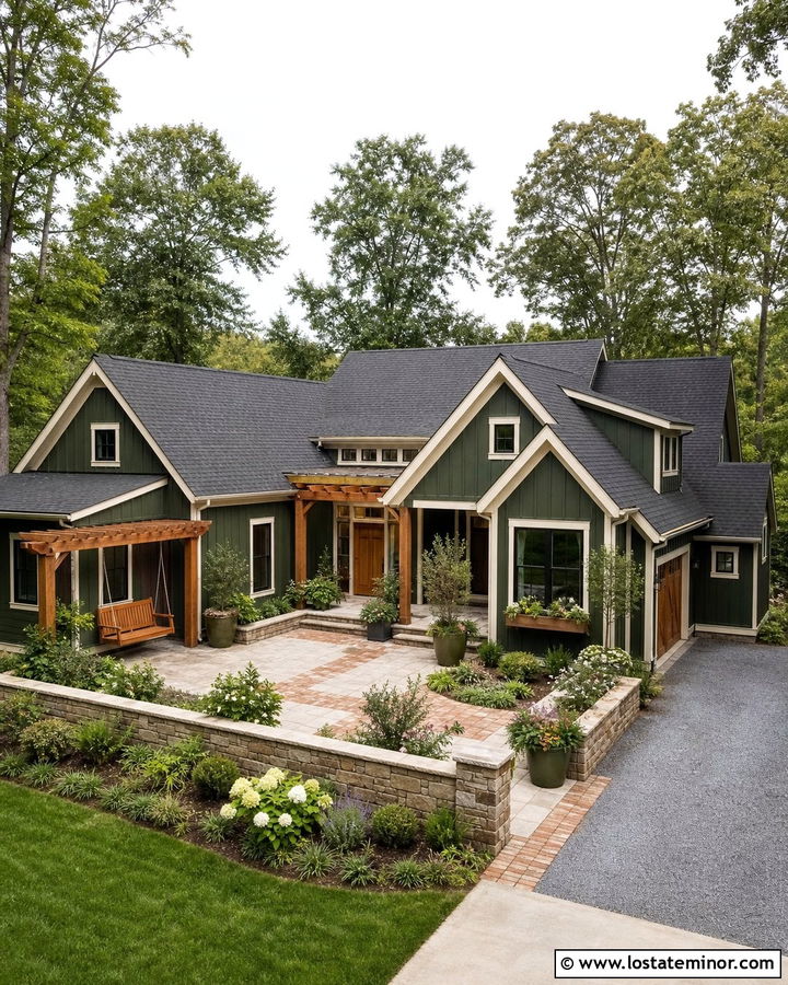 Forest Green House With Courtyard Swing - 30 Forest Green House Design With Swing Ideas