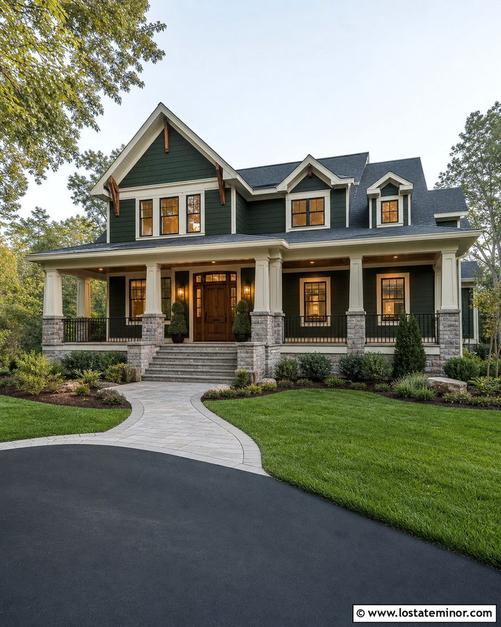 Forest Green House With Covered Porch Downlights - 30 Forest Green House Design With Lighting Ideas