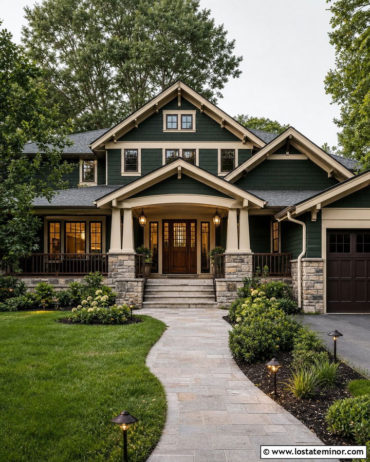 Forest Green House With Craftsman Lantern Pendants - 30 Forest Green House Design With Lighting Ideas