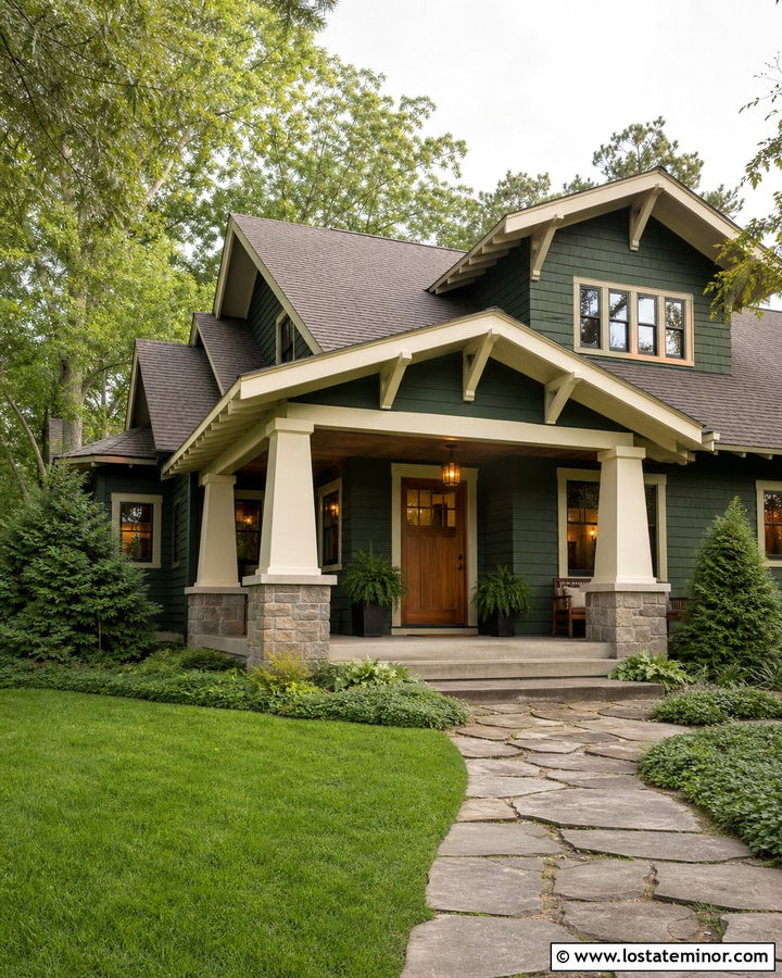 Forest Green House With Craftsman Porch Columns - 30 Forest Green House Design With Porch Columns Ideas
