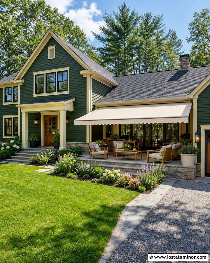 Forest Green House With Cream Patio Awning - 30 Forest Green House Design With Awning Ideas