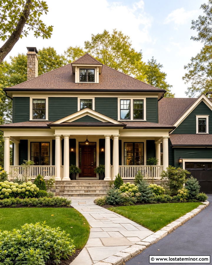 Forest Green House With Cream Porch Columns - 30 Forest Green House Design With Porch Columns Ideas