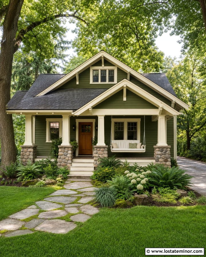 Forest Green House With Cream Porch Swing - 30 Forest Green House Design With Swing Ideas