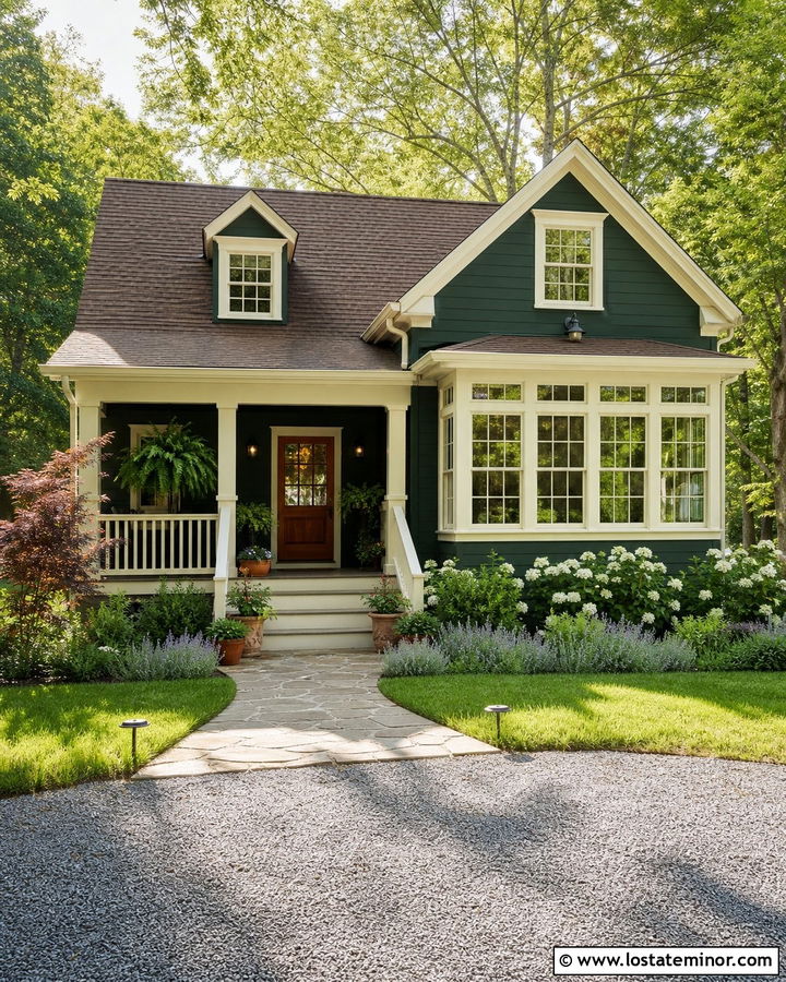 Forest Green House With Cream Sunroom Trim - 30 Forest Green House Design With Sunroom Ideas