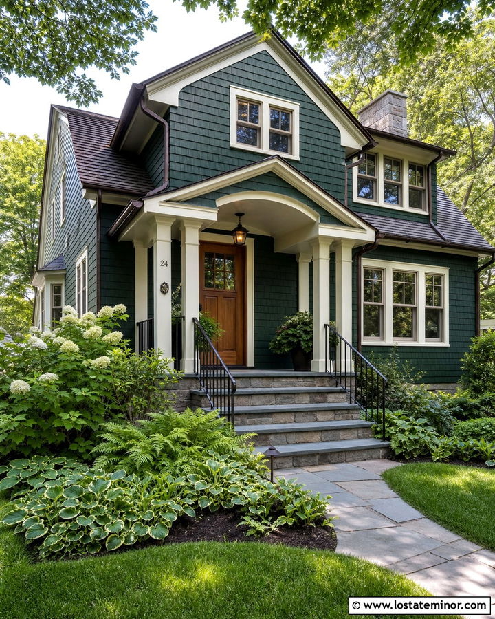 Forest Green House With Cream Trim And Bluestone Steps - 30 Forest Green House Design With Steps Ideas