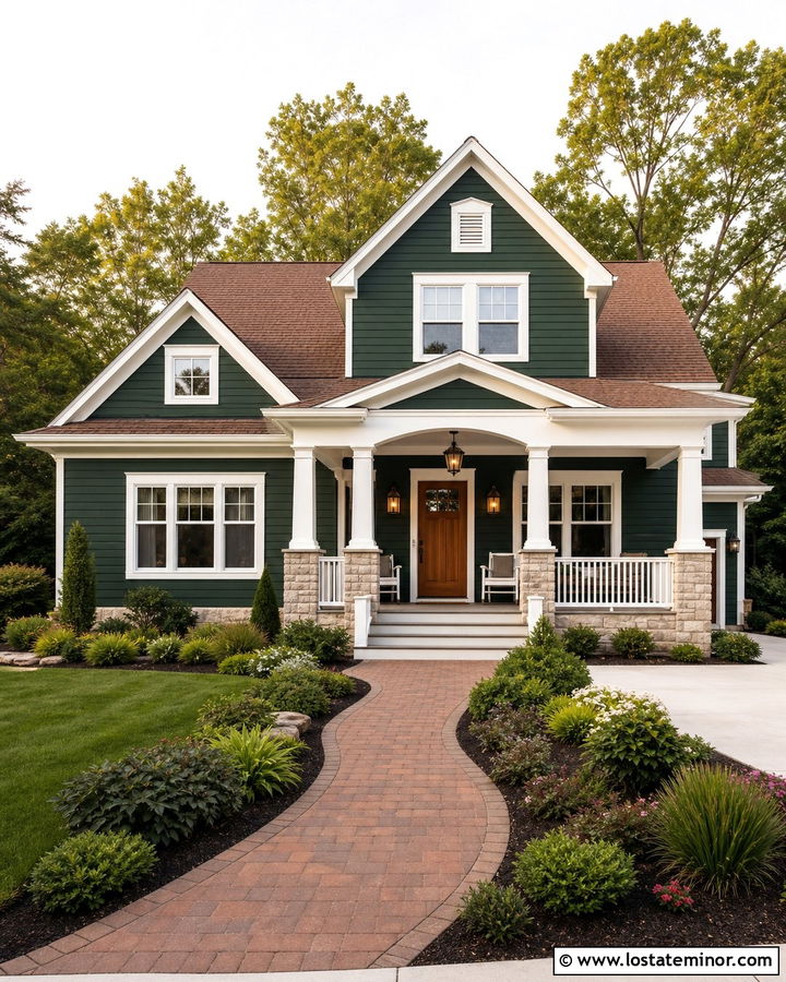 Forest Green House With Cream Trim And Pendant Light - 30 Forest Green House Design With Lighting Ideas
