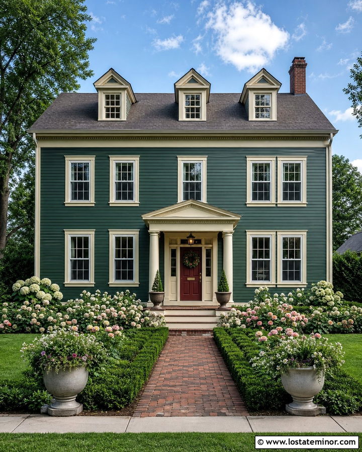 Forest Green House With Cream Trim And Rose Beds - 30 Forest Green House Design With Front Yard Ideas