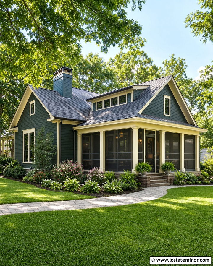 Forest Green House With Cream Trim And Screened Porch - 30 Forest Green House Design With Backyard Ideas