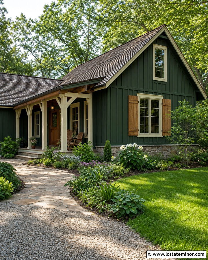 Forest Green House With Cream Trim And Wood Shutters - 30 Forest Green House Design With Trim Ideas