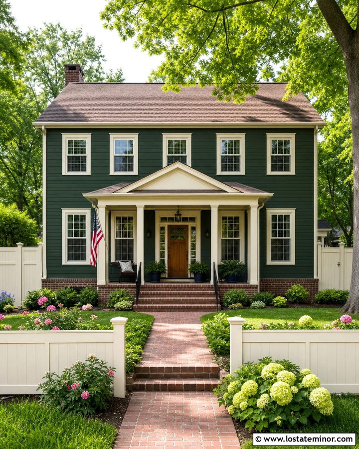 Forest Green House With Cream Vinyl Fence - 30 Forest Green House Design With Fence Ideas